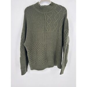 American Eagle Olive Green Patchwork Cable Knit Roll Neck Sweater Womens L
